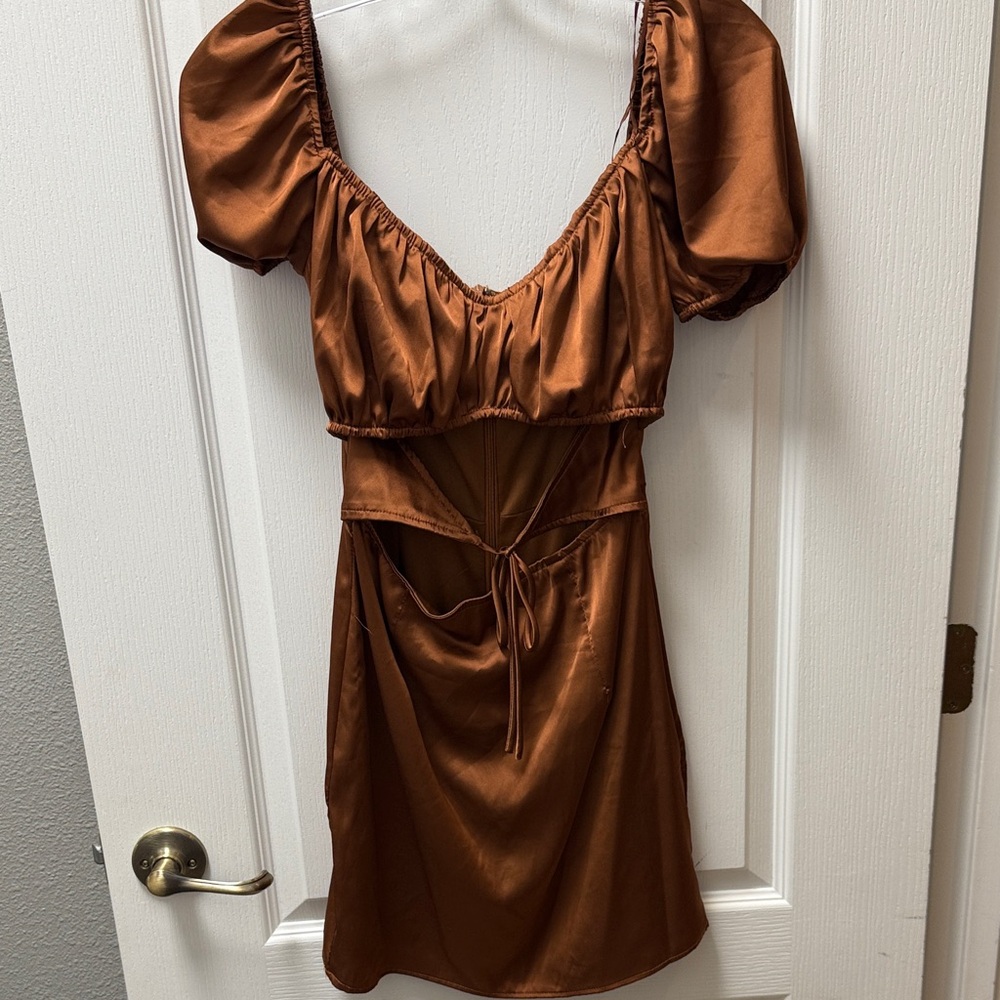 Blue Blush Brown Puff Sleeve Mini Dress